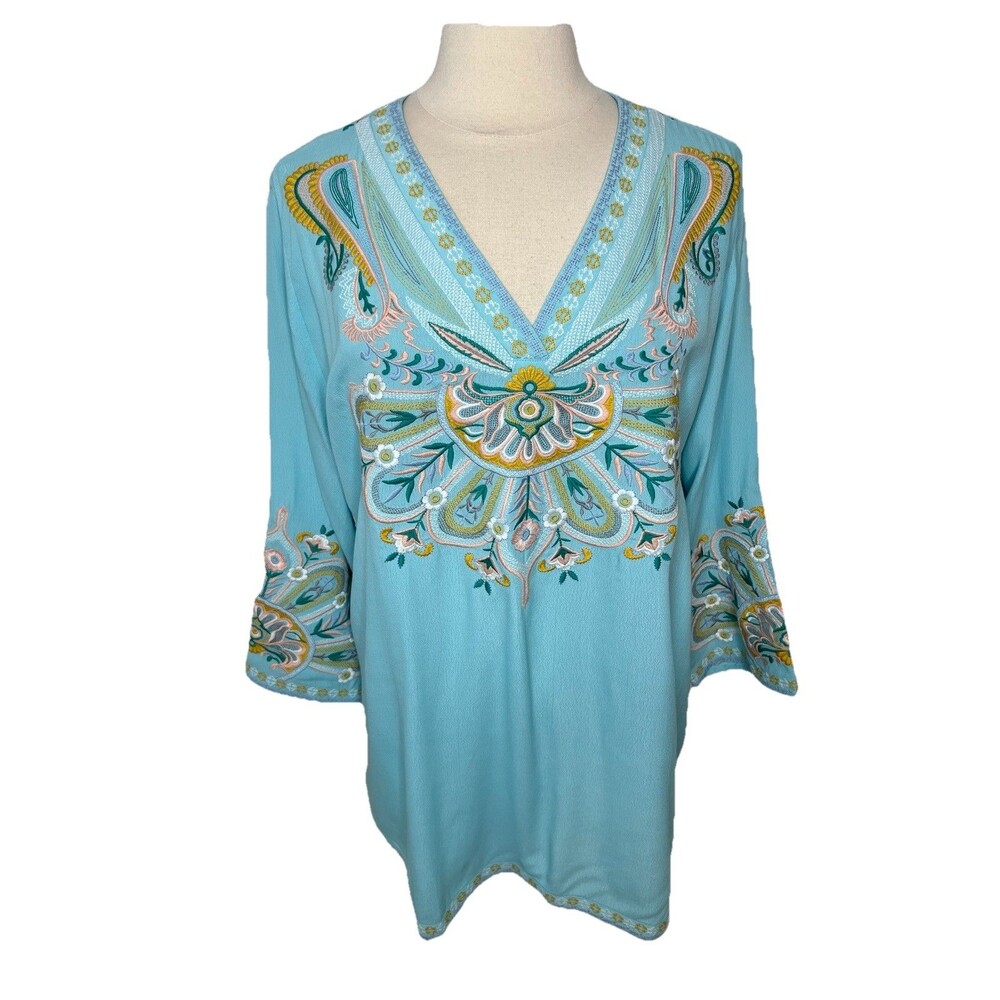 Soft Surroundings 2X Embroidered Blue Tunic Top Kimono Sleeves Boho Resort Read